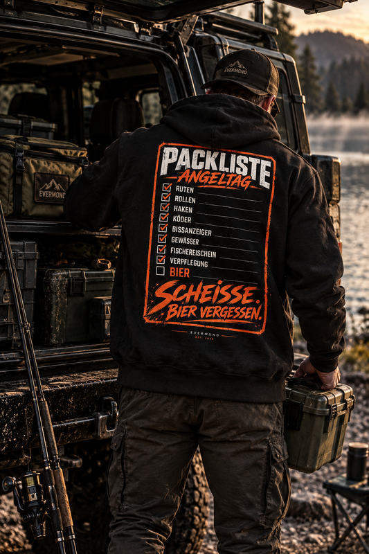 Angler Hoodie „Packliste Angeltag – Scheiße, Bier vergessen!“ | EVERMOND